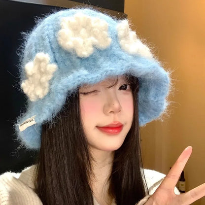 Sweet Flower Knitted Y2K Winter Bucket Hat