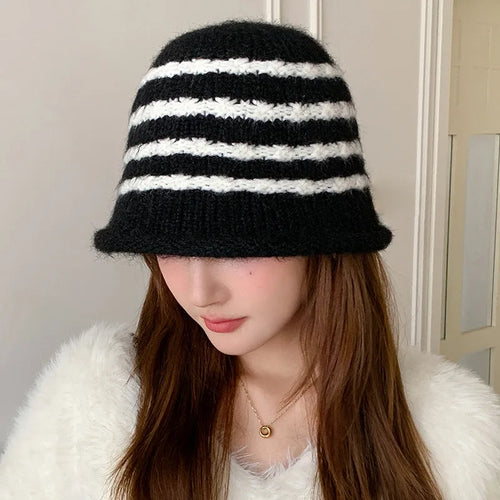 Korean Style Striped Knitted Winter Bucket Hat