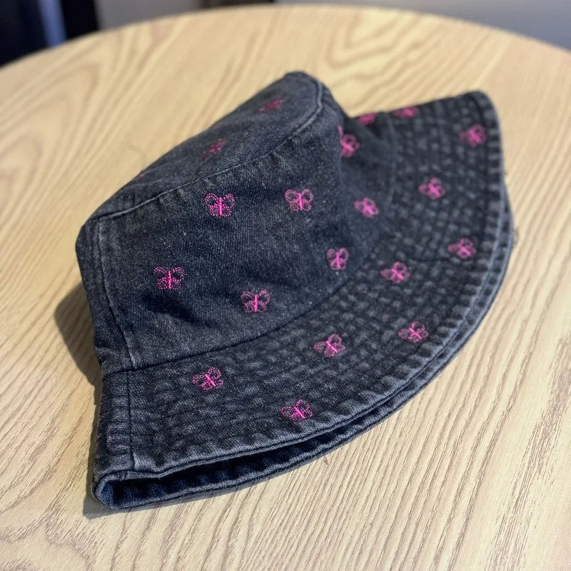 Butterfly Embroidery Denim Summer Fisherman Bucket Hat