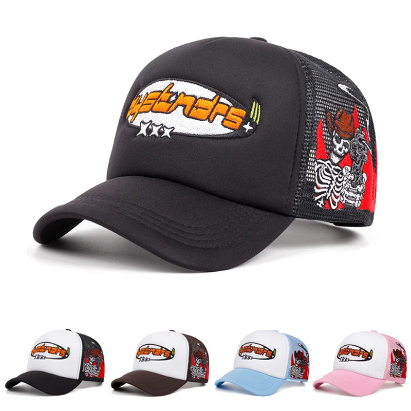 Three Star Skeleton Embroidered Cotton Mesh Baseball Hat