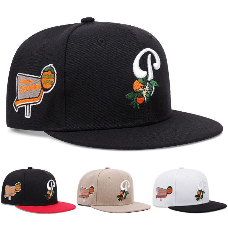 P Leaf Fruit Embroidered Flat Brim Baseball Hat