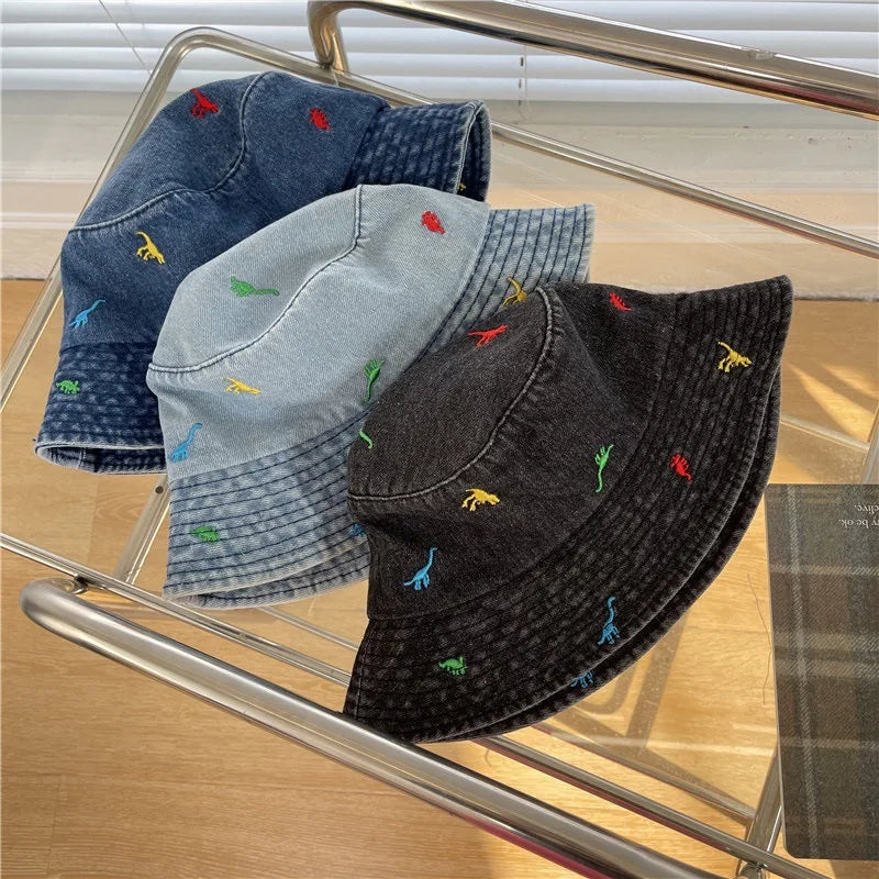 Denim Summer Cartoon Dinosaur Embroidery Bucket Hat
