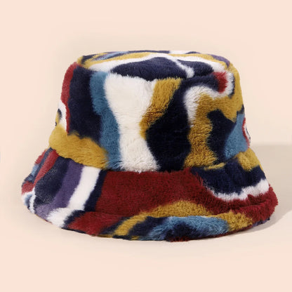 Plush Colorblock Rabbit Fur Bucket Hat