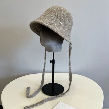 Wool Blend Rope Back Knitted Bucket Hat