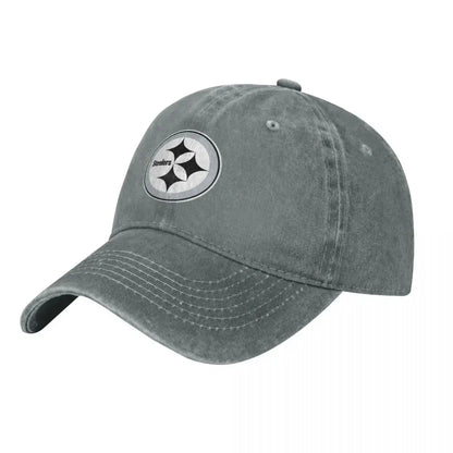 Black and White Steeler Logo Washed Denim Baseball Cap