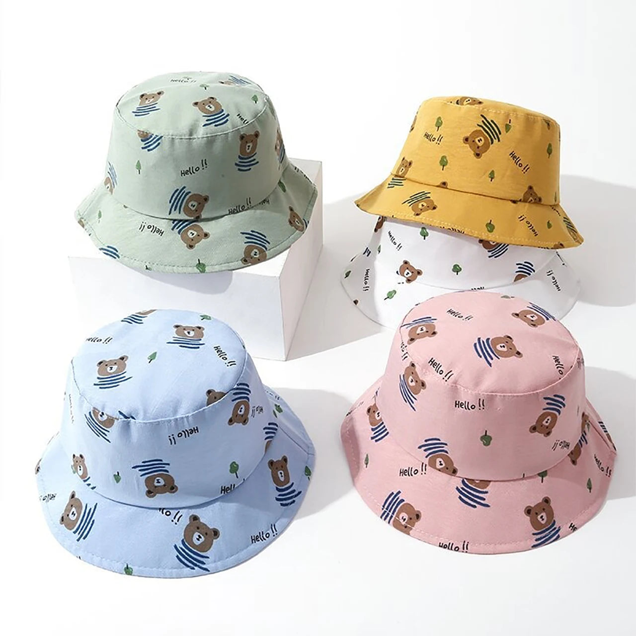 Cute Bear Print Wide Brim Baby Bucket Hat