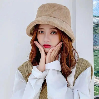 Faux Fur Winter Bucket Hat Women Soft Warm Fisherman Cap