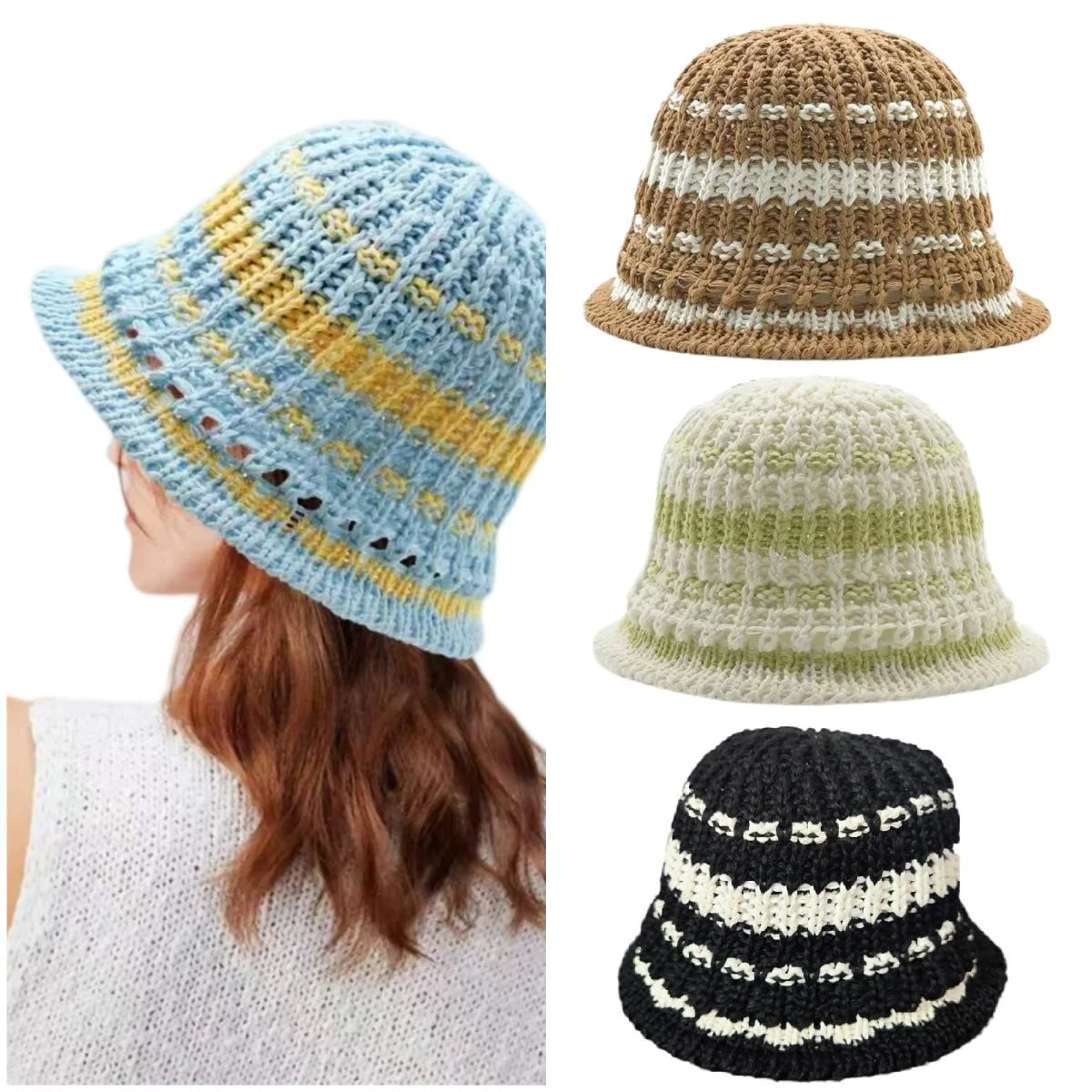 Two Tone Knitted Straw Summer Bucket Hat