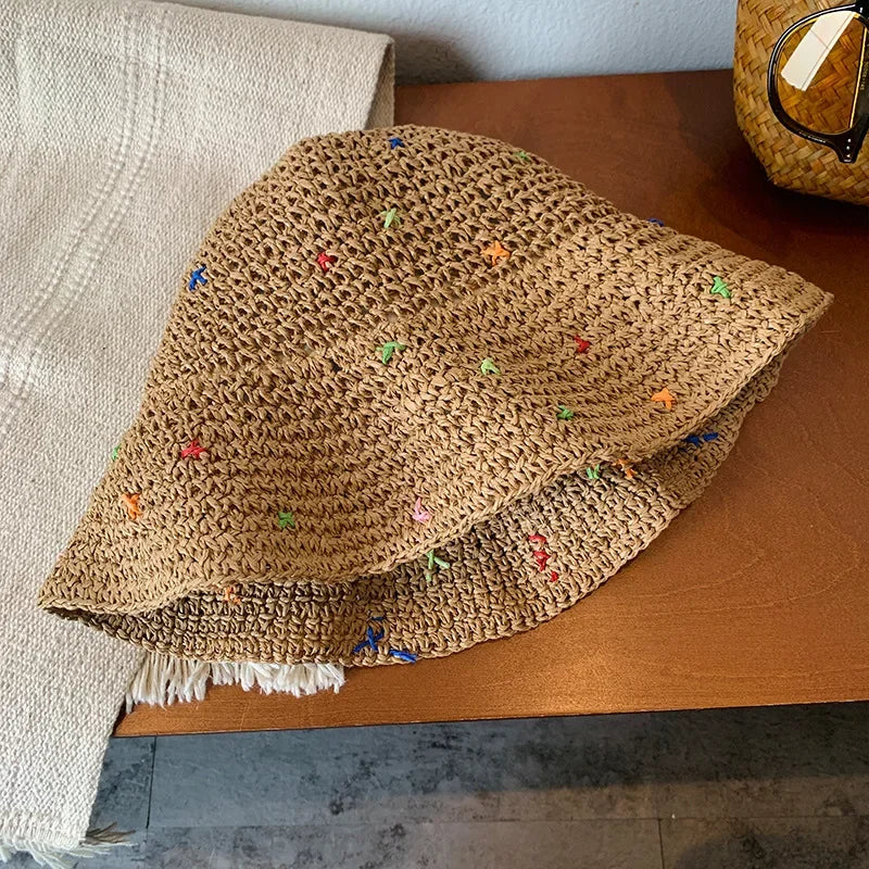 Hand Crocheted Colorful Straw Summer Bucket Hat