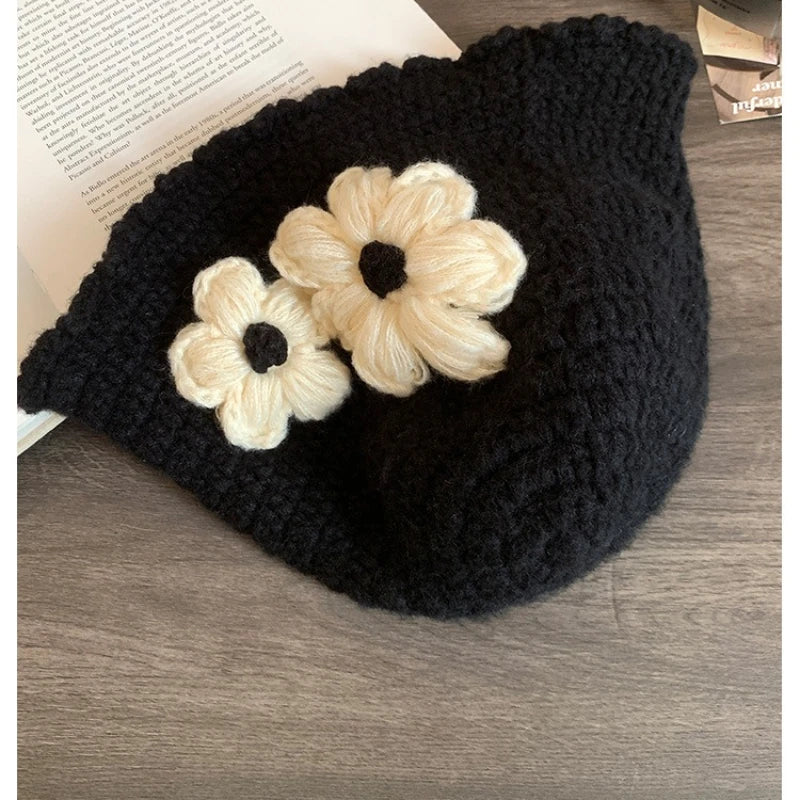 Oversized Floral Knit Korean Bucket Hat