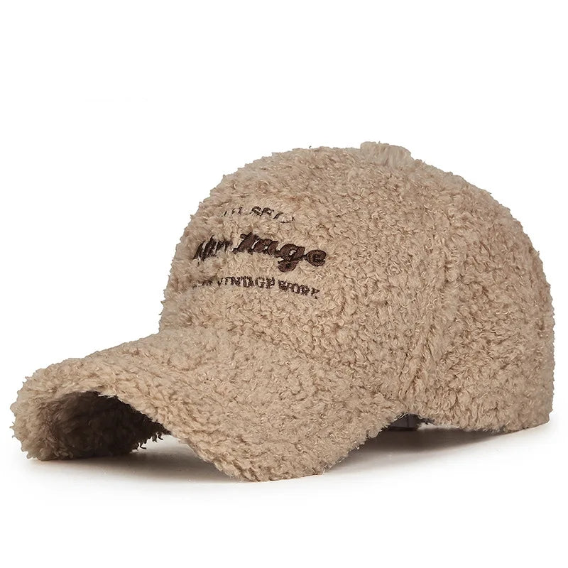 Lamb Plush Warm Embroidered Letter Baseball Hat