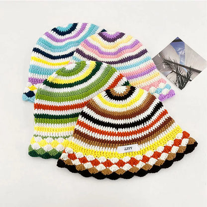 Korean Color Block Striped Knitted Fisherman Bucket Hat