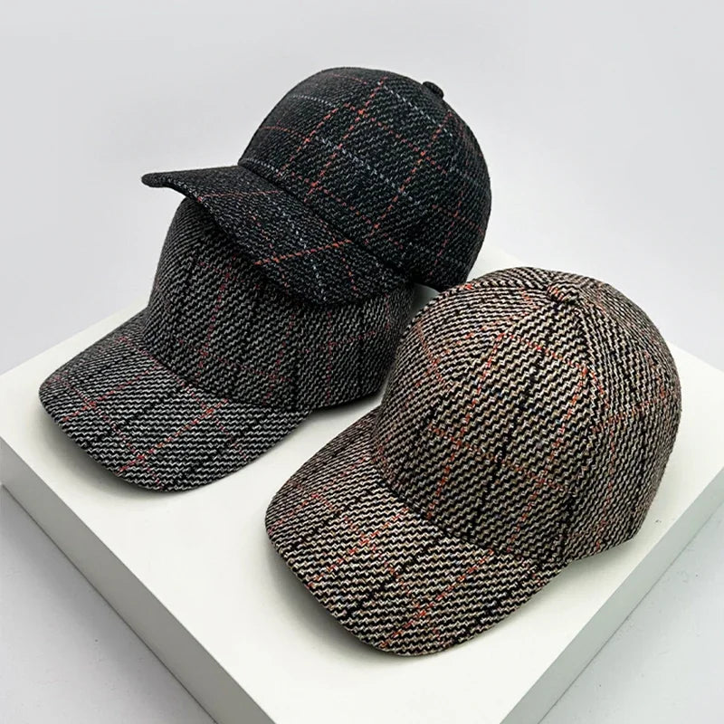 Autumn Winter Woolen Baseball Cap Versatile Retro Check British Style