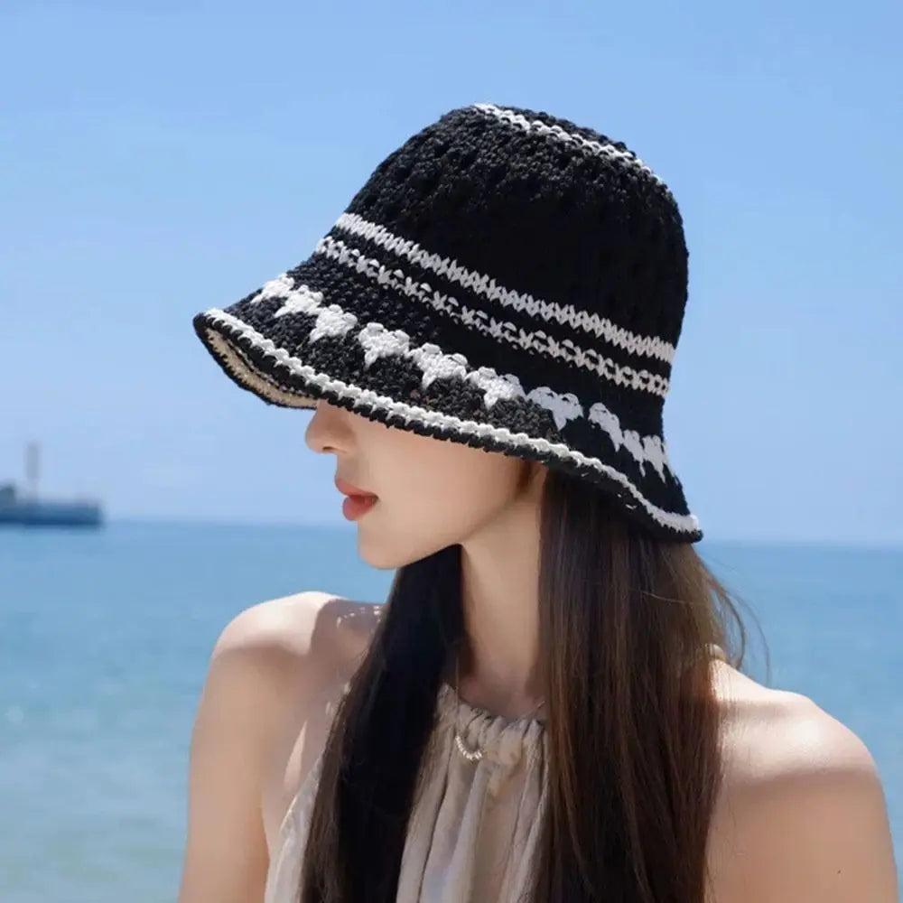 Casual Striped Hollow Breathable Foldable Travel Bucket Hat