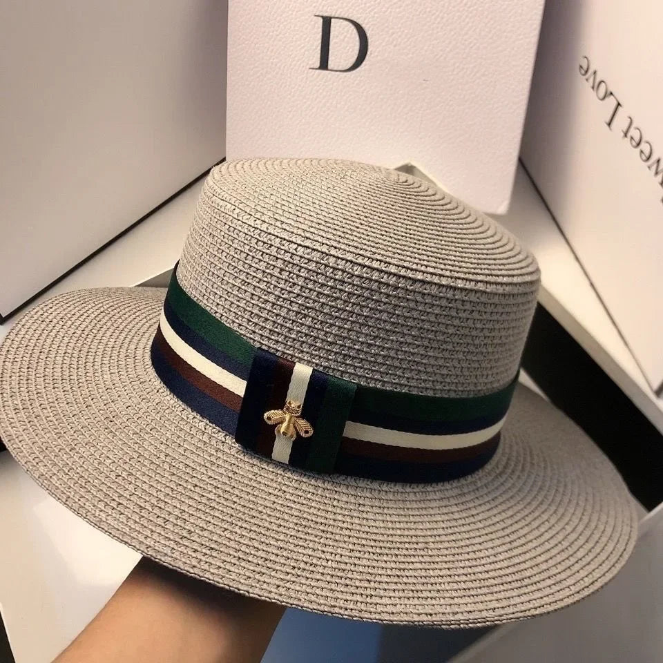 Striped Bee Embroidery Wide Brim Bucket Hat