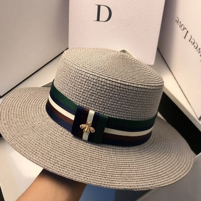 Striped Bee Embroidery Wide Brim Bucket Hat