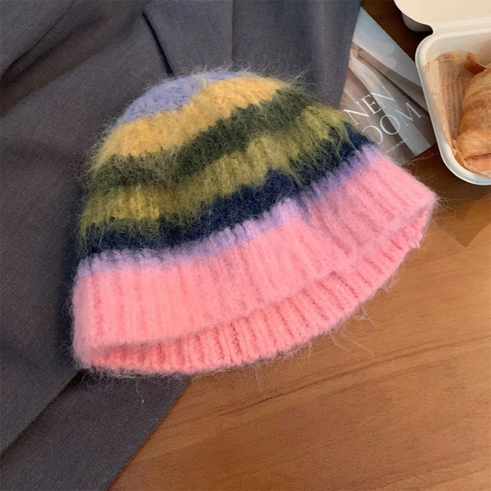 Korean Y2k Striped Woolen Warm Bucket Hat