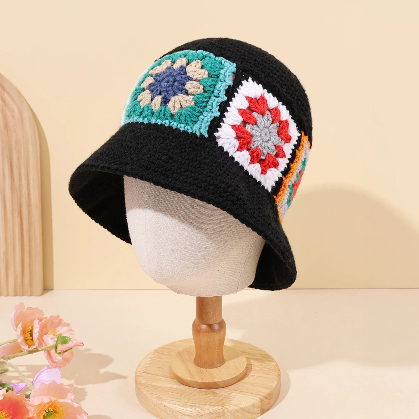 Black Knitted Wide Brim Flower Patch Bucket Hat