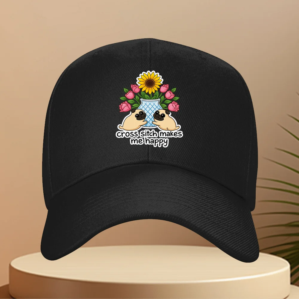Cross Stitch Makes Me Happy Pug Sunflower Floral Baseball Cap