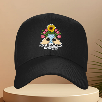 Cross Stitch Makes Me Happy Pug Sunflower Floral Baseball Cap