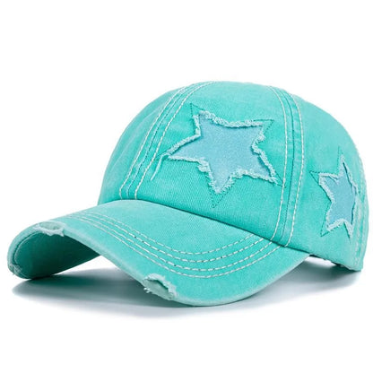 Distressed Star Curved Brim Ponytail Baseball Cap