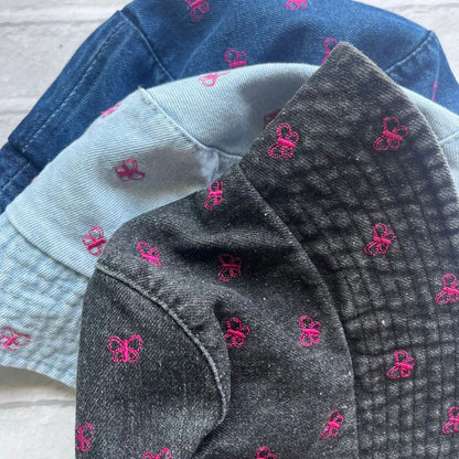 Pink Butterfly Embroidery Washed Denim Summer Bucket Hat
