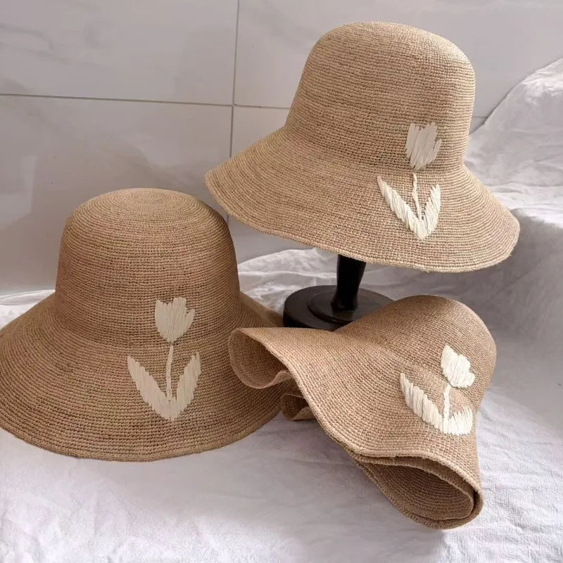 Natural Raffia Woven Wide Brim Bucket Hat