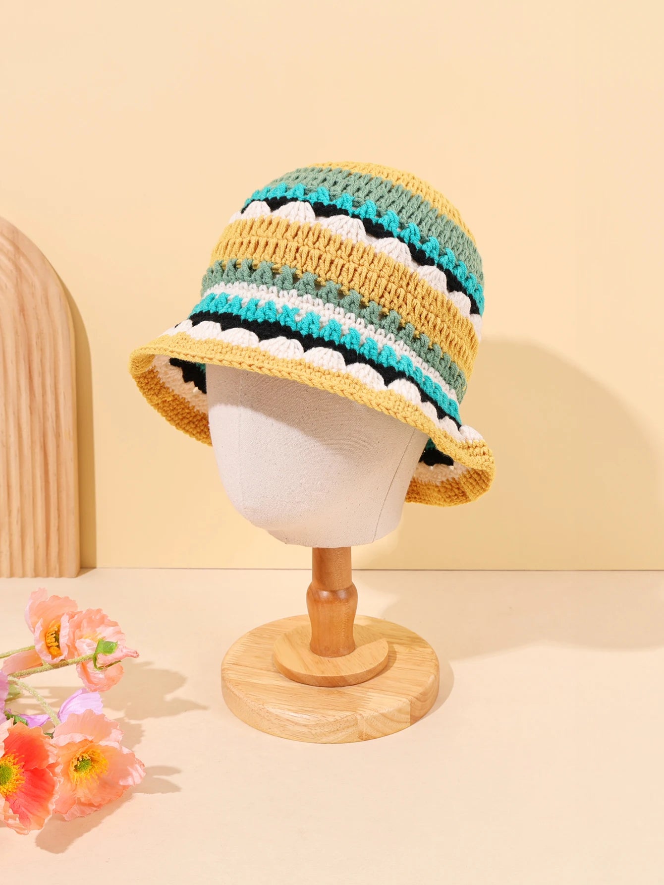 Color Block Woven Flower Bucket Hat