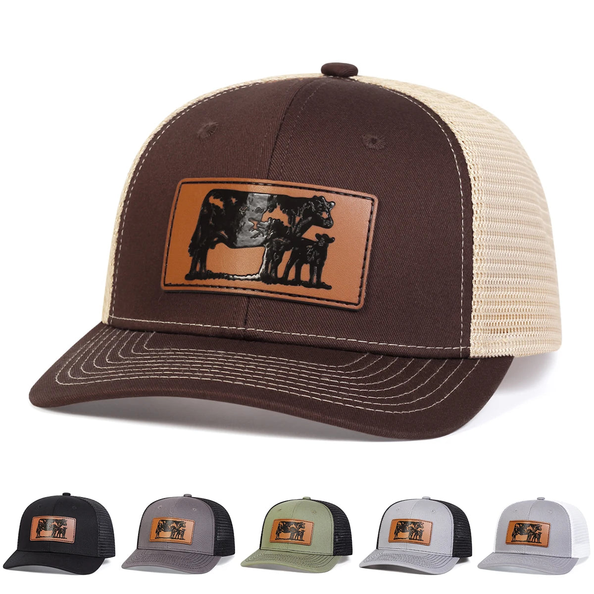 Unisex Brown Cow Leather Label Baseball Net Caps