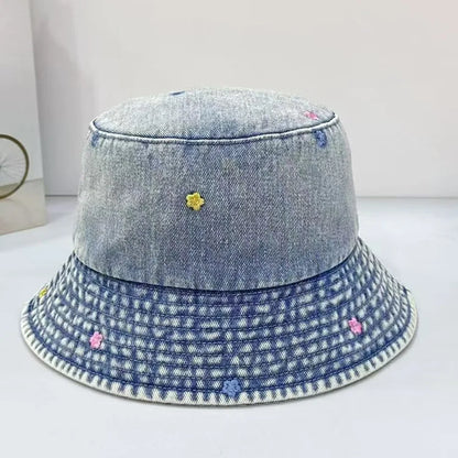 Korean Four Season Denim Flower Embroidered Bucket Hat