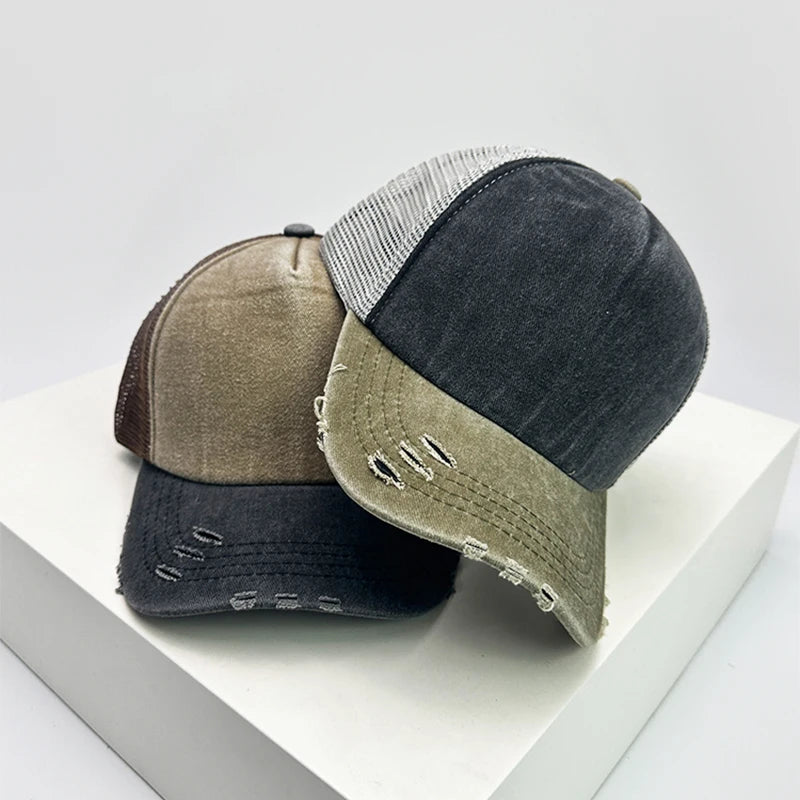 Color Block Distressed Mesh Trucker Baseball Cap