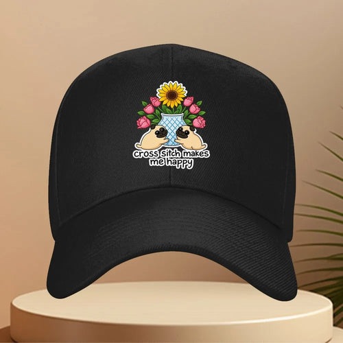 Cross Stitch Makes Me Happy Pug Sunflower Floral Baseball Cap