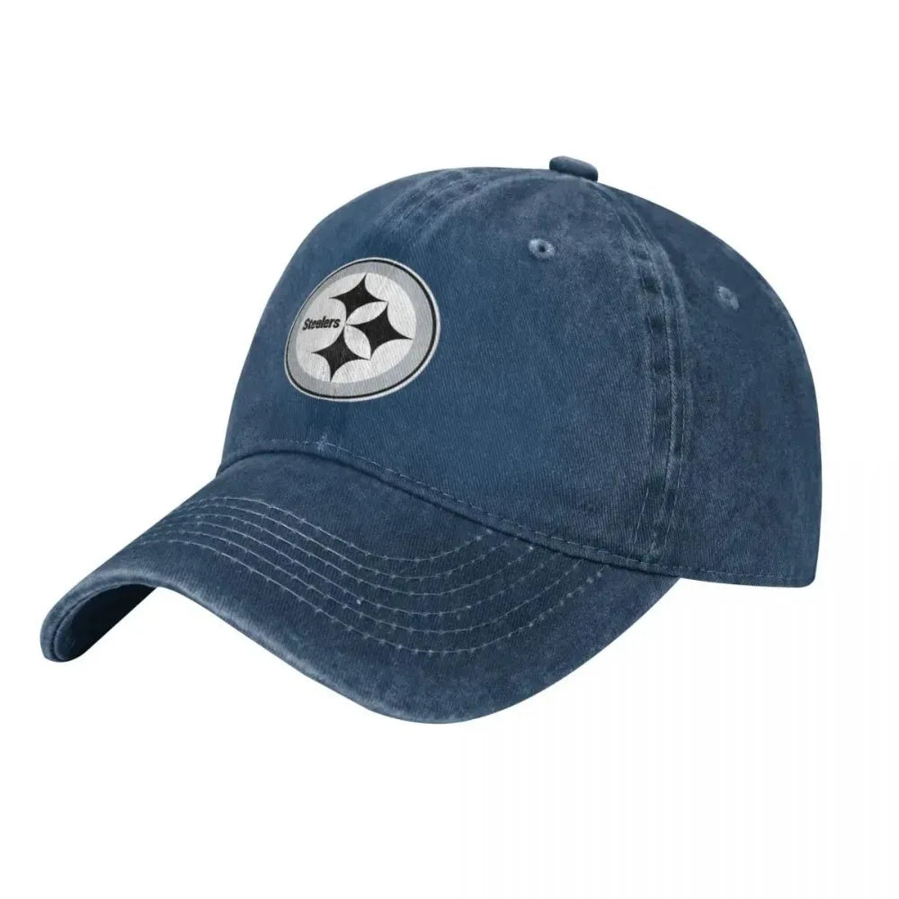 Black and White Steeler Logo Washed Denim Baseball Cap