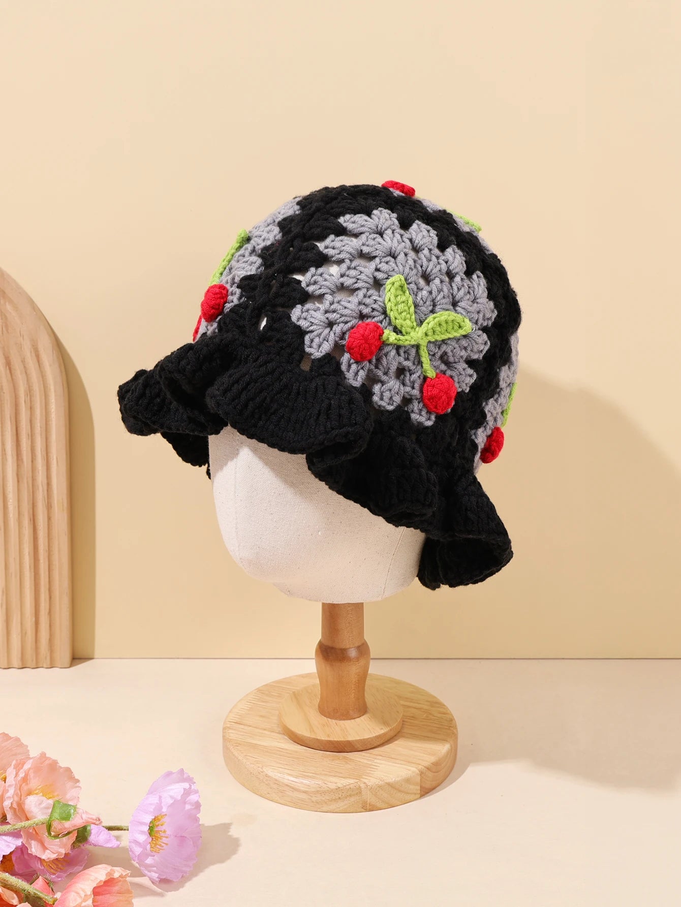 Retro Cherry Handmade Crochet Winter Bucket Hat