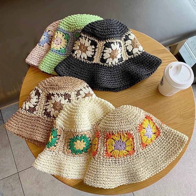 Women Crochet Straw Beach Fisherman Bucket Hat
