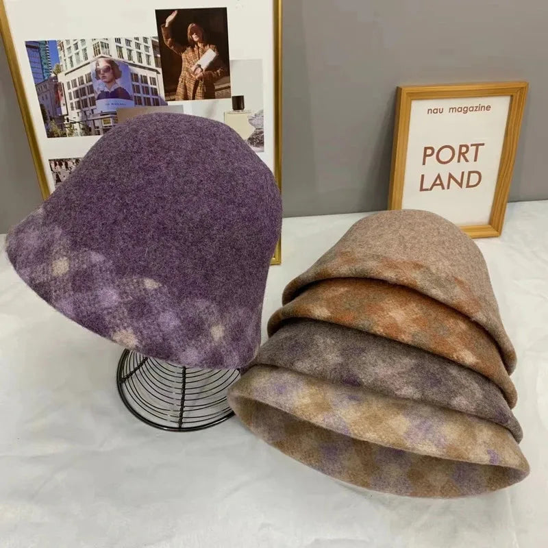 Thick Wool Plaid Edge Winter Bucket Hat