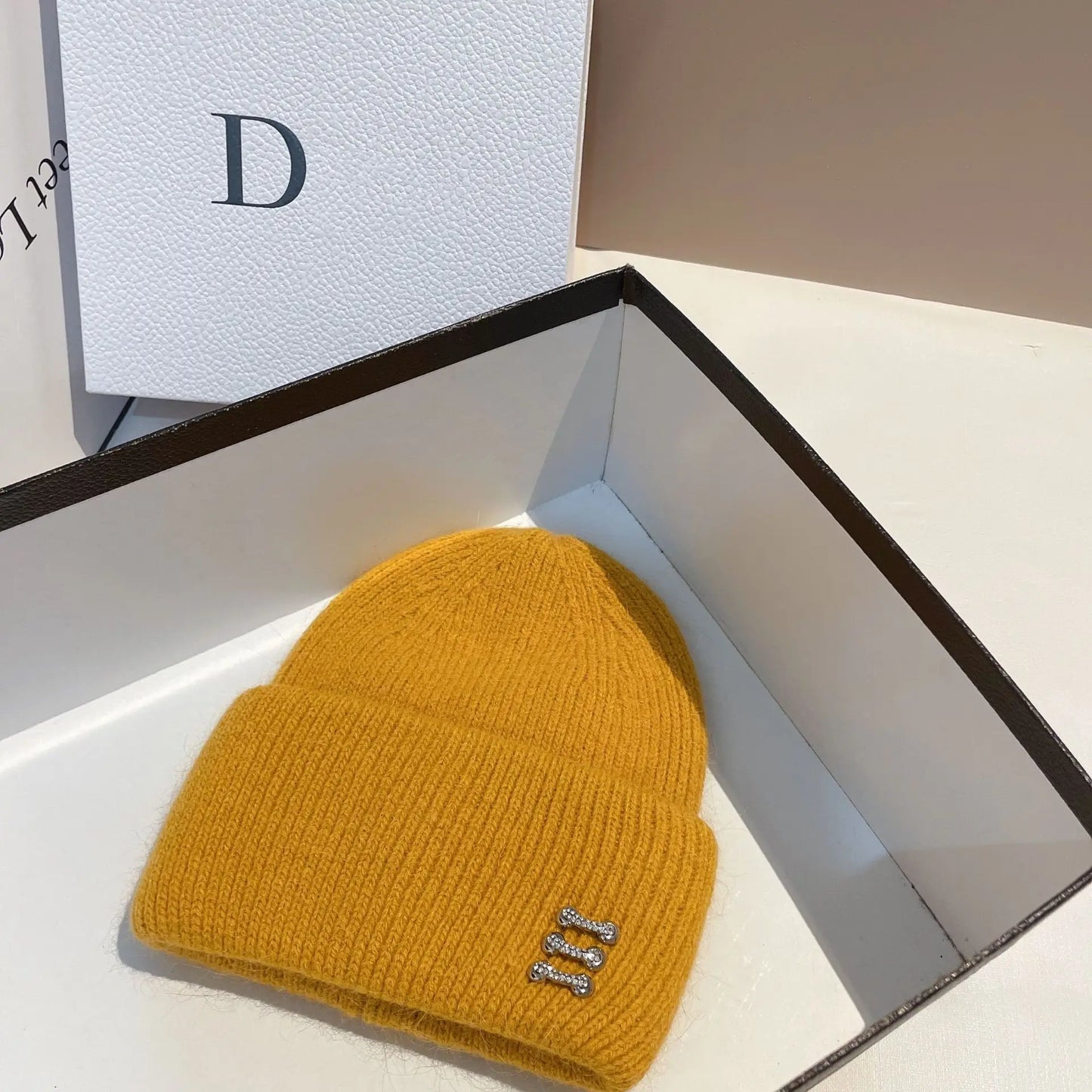 Trendy Ring Buckle Detail Rabbit Hair Knitted Hat