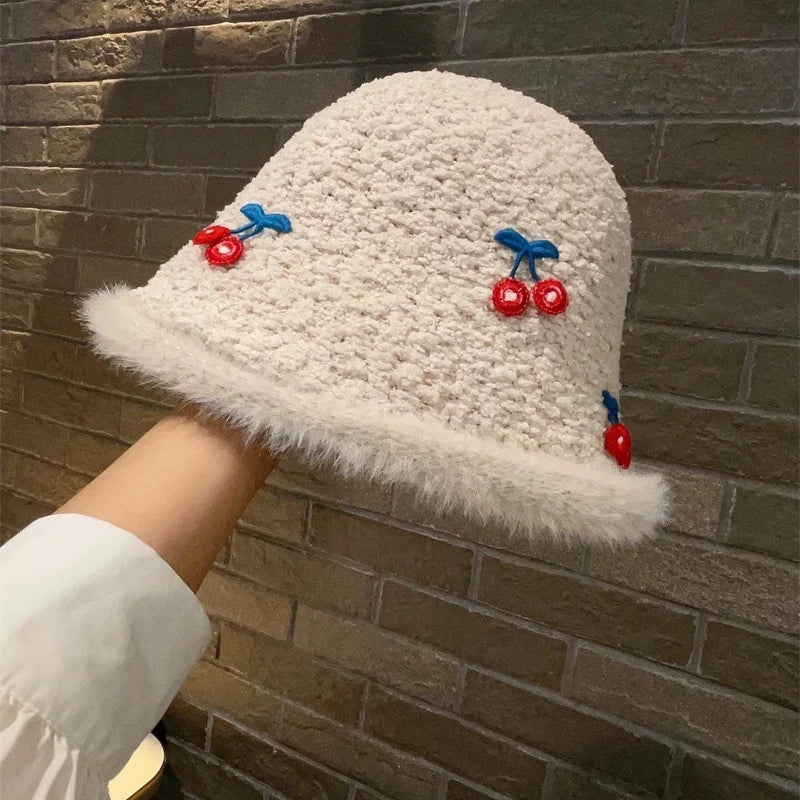 White Plush Cherry Winter Bucket Hat