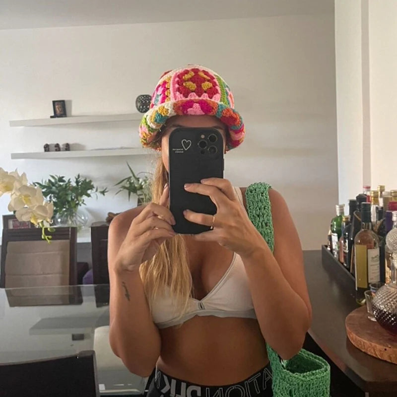 Y2K Crochet Vintage Flower Knitted Bucket Hat