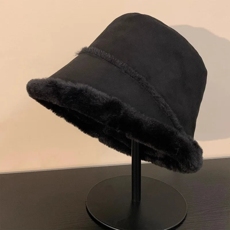 Retro Suede Plush Winter Bucket Hat