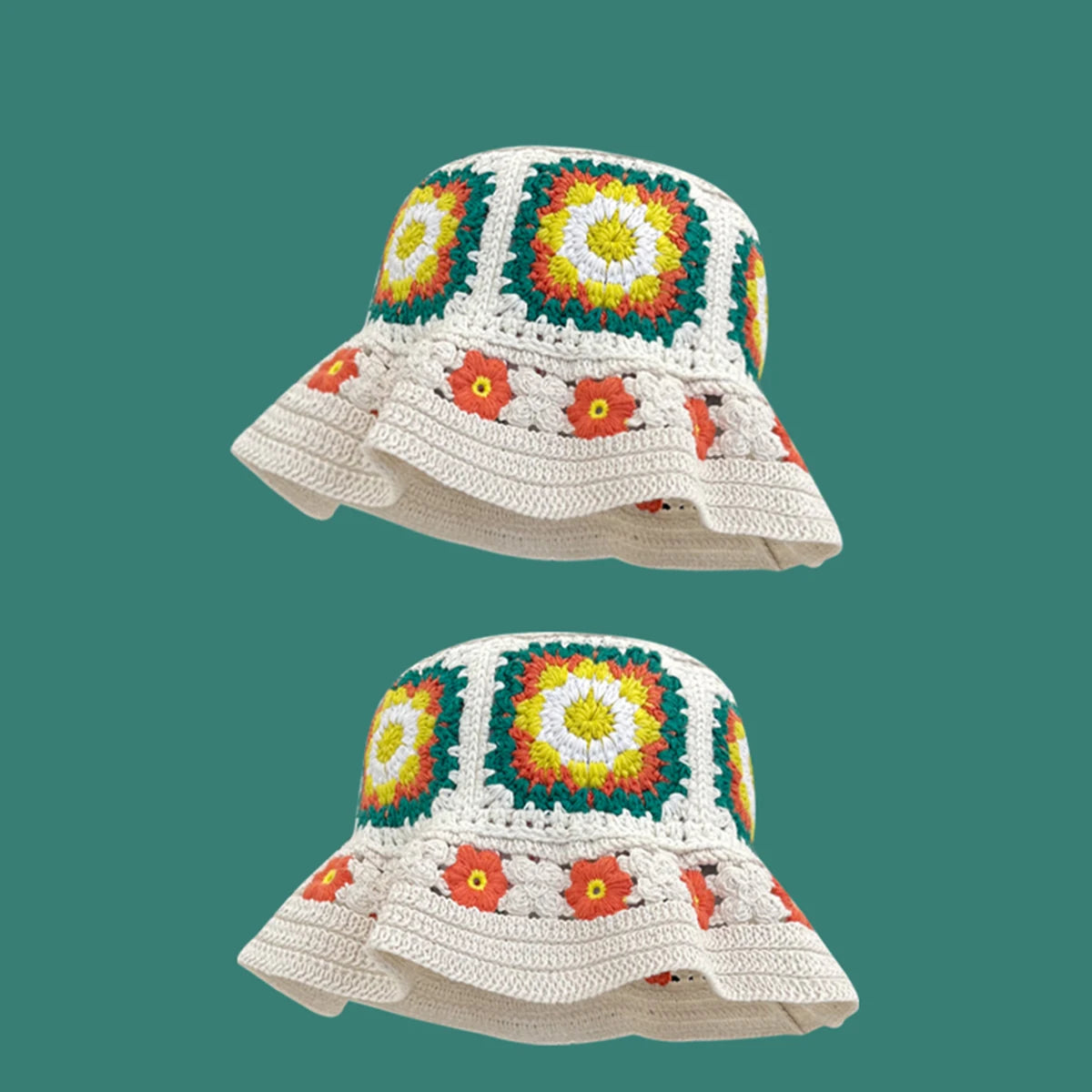 Colorful Handmade Flower Plush Knitted Bucket Hat