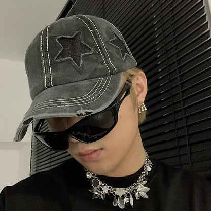 Retro Y2K Star Washed Denim Hole Star Baseball Cap