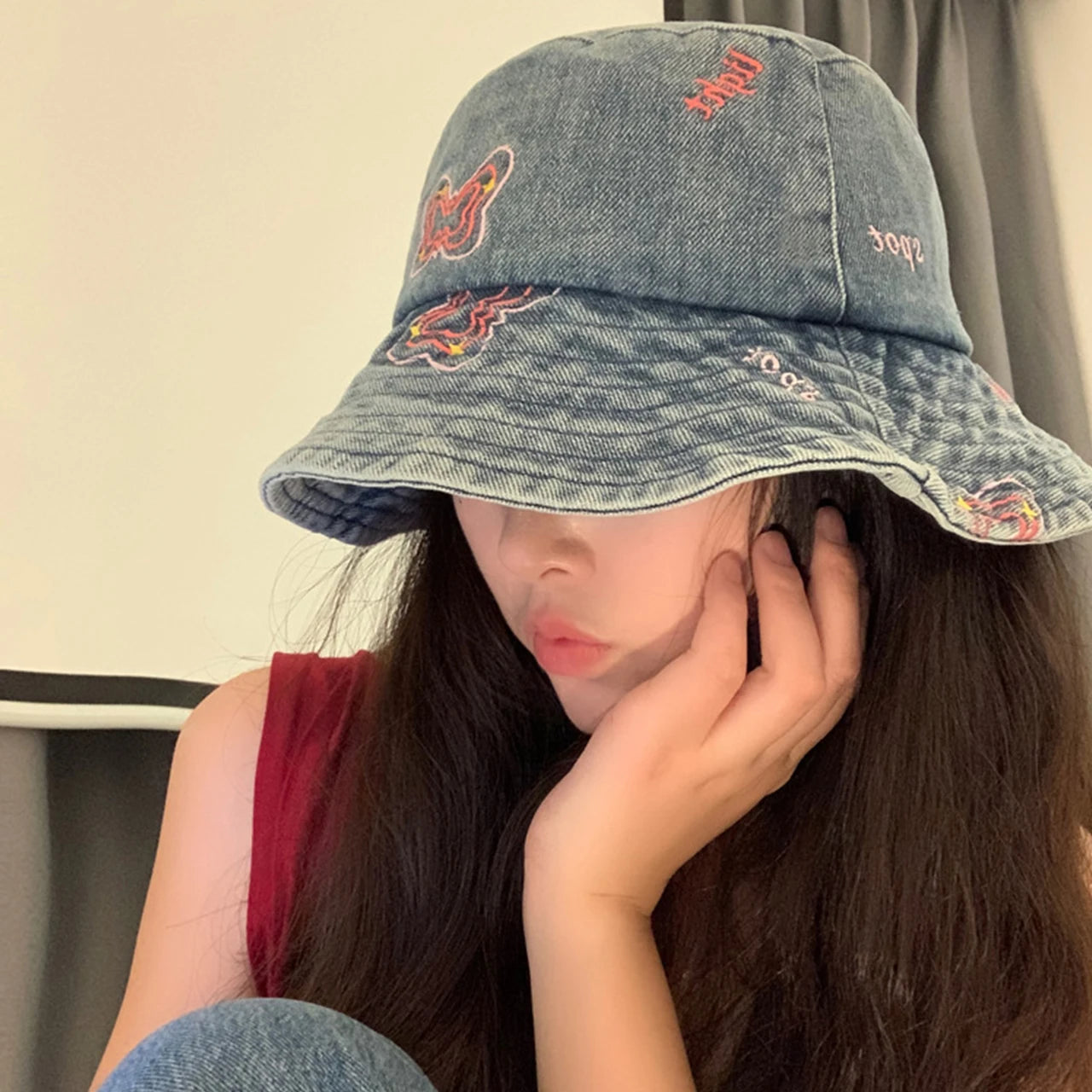 Butterfly Embroidered Washed Denim Wide Brim Bucket Hat