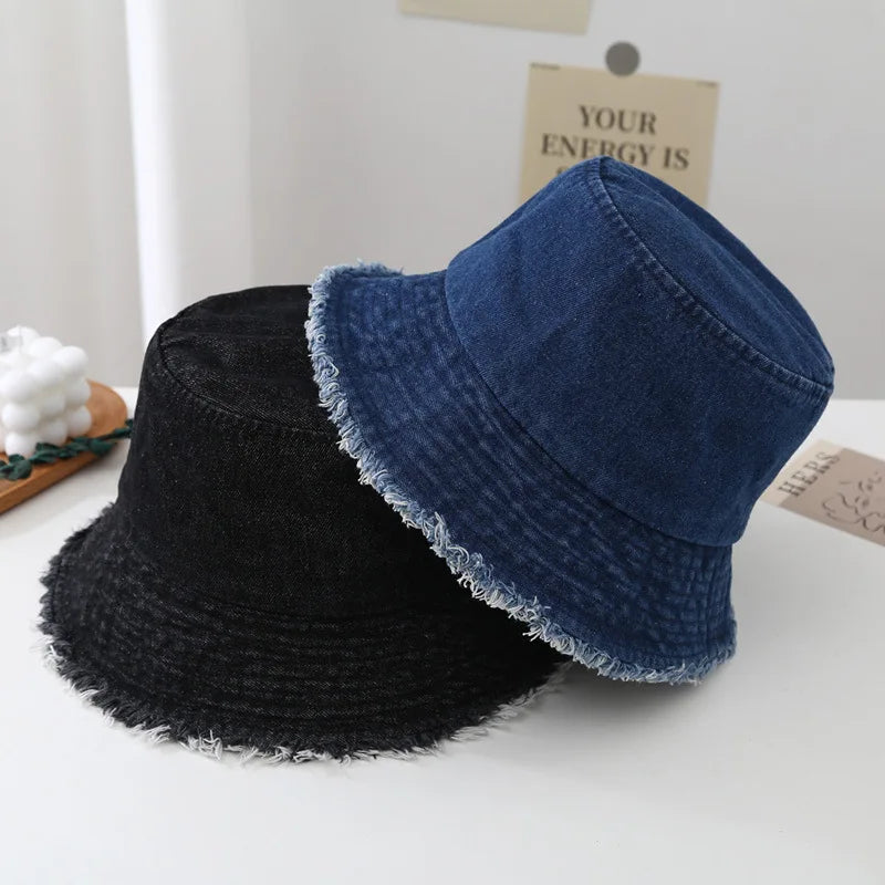 Vintage Fringed Denim Washable Bucket Hat