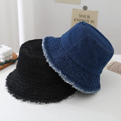 Vintage Fringed Denim Washable Bucket Hat
