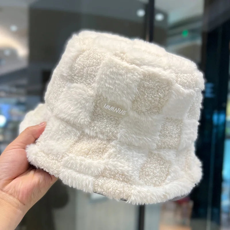 Lamb Plaid Velvet Winter Bucket Hat