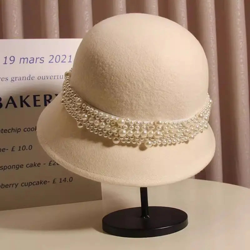 French Retro Pearl Elegant Winter Bucket Hat