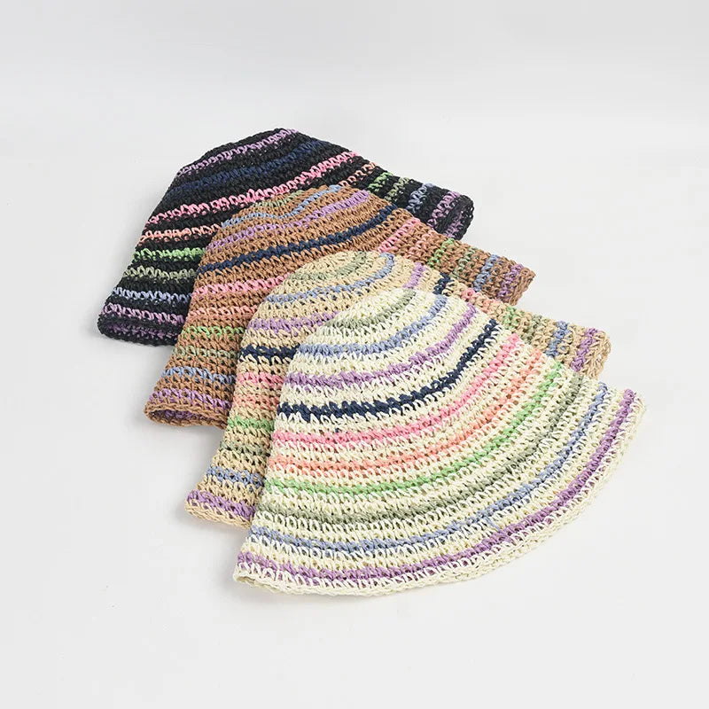 USPOP Striped Summer Straw Bucket Hat