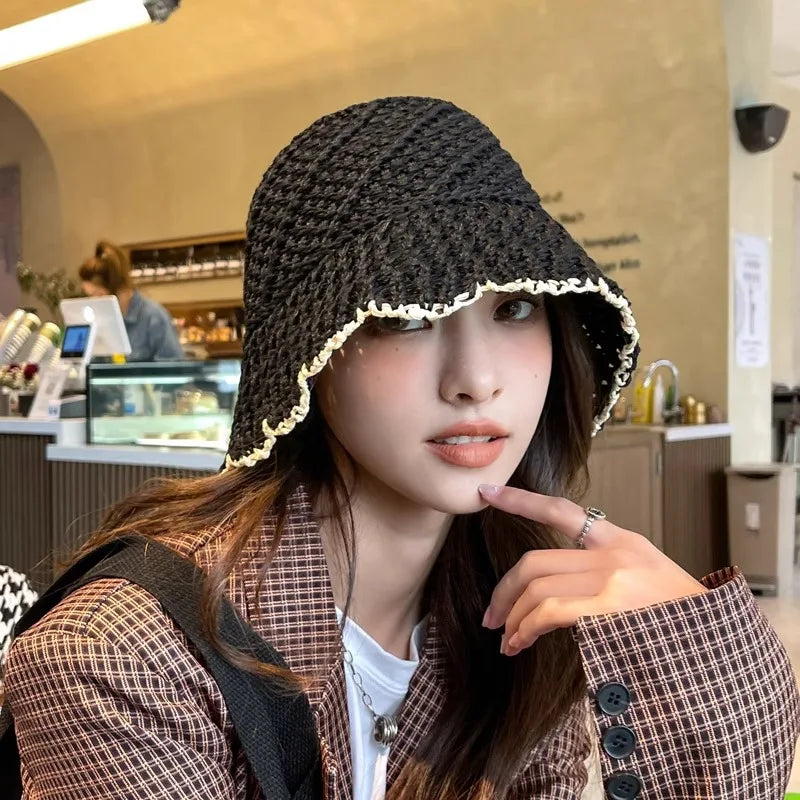 Japanese Lace Hollow Straw Summer Bucket Hat