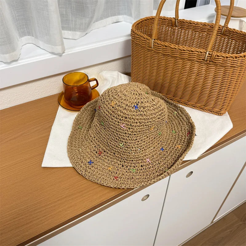 Hand Crocheted Colorful Straw Summer Bucket Hat